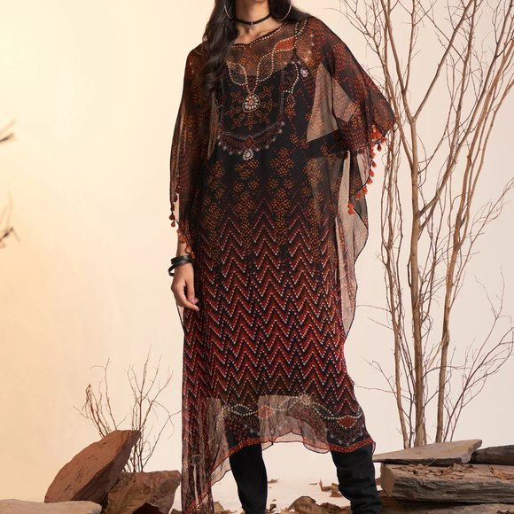 Ritu Kumar Designer Black Sheer Long Kaftan Tunic Dress - Picture 5 of 12